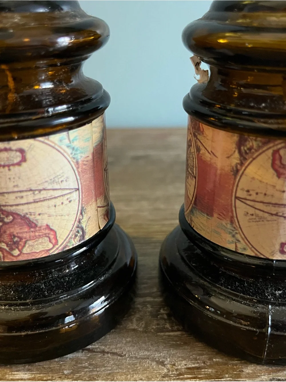 Pair Vintage Mini Oil Lamps 9” Amber Glass Chimneys World Map Decor